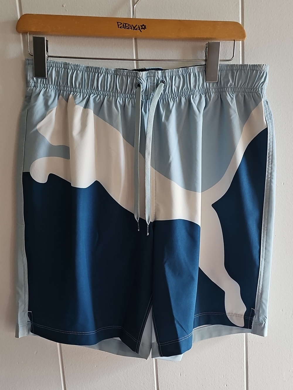 Puma Men’s Light Blue and Navy Swim Shorts with White Graphic Large